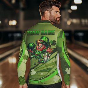 Green shamrock Lucky Men Bowling Polo, Quarter Zip Shirts Custom St Patrick Day Team bowling Shirts NQS9328