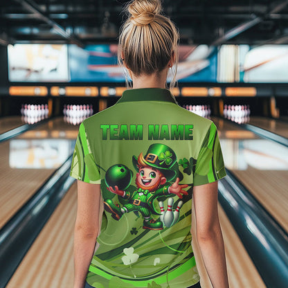 Green shamrock Lucky Women Bowling Polo, Quarter Zip Shirts Custom St Patrick Day Team bowling Shirts NQS9328
