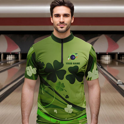 Green shamrock Lucky Men Bowling Polo, Quarter Zip Shirts Custom St Patrick Day Team bowling Shirts NQS9328