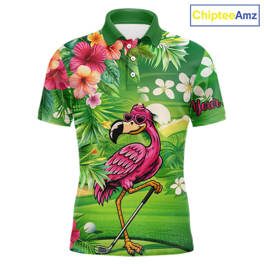 Personalized Green tropical flower flamingo golf shirt for Men custom team golf shirts NQS11399