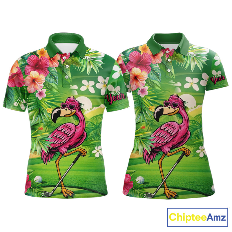 Personalized Green tropical flower flamingo matching men and womens golf shirts, team golf clothes NQS11399