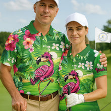 Load image into Gallery viewer, Personalized Green tropical flower flamingo matching men and womens golf shirts, team golf clothes NQS11399