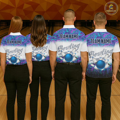 Mens Bowling polo shirts Custom blue purple marble pattern bowling Team Jerseys, gift for bowlers NQS7141