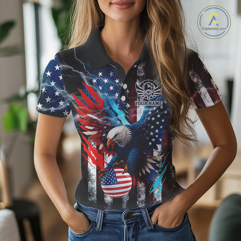 Personalized American Flag Eagle Lightning Thunder Golf Polo Shirts For Women, Patriotic Golfing Gift NQS11717