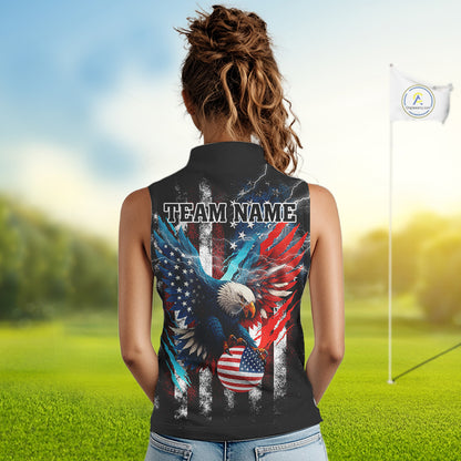 Personalized American Flag Eagle Lightning Thunder Sleeveless Golf Polo Shirt, Patriotic Golfing Gift NQS11717