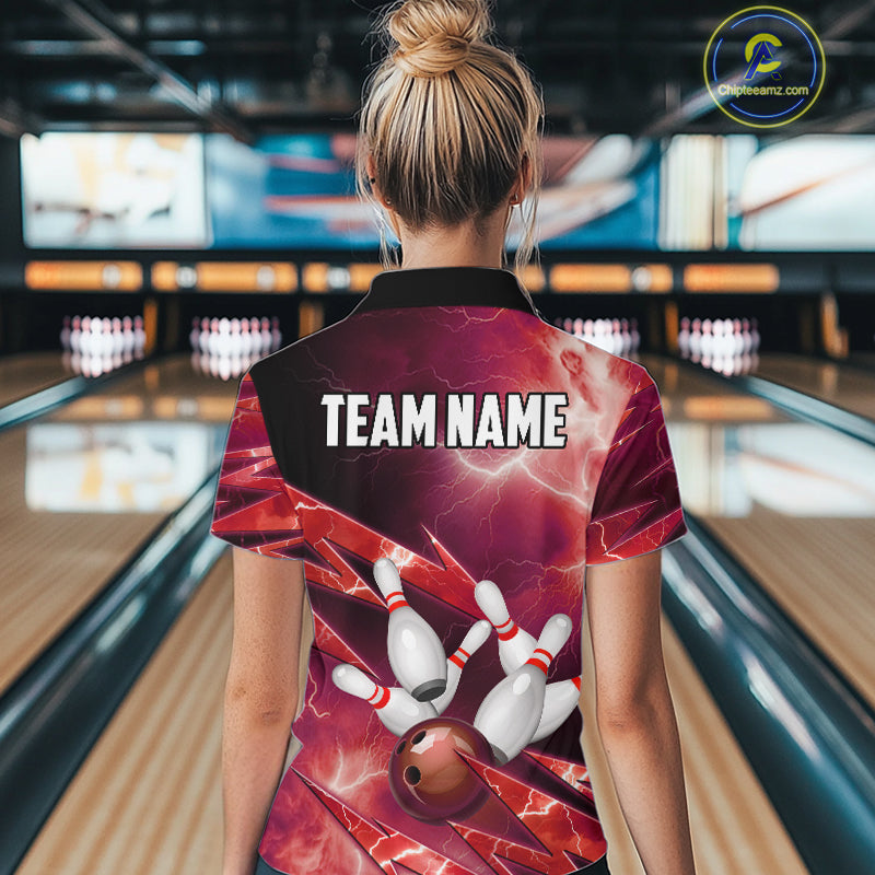 Red Storm Lightning Thunder Bowling Polo, Quarter Zip Shirt For Women Custom Bowling Team Jersey NQS11718