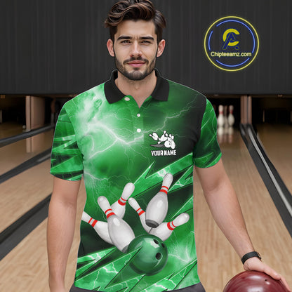 Green Storm Lightning Thunder Bowling Polo, Quarter Zip Shirt For Men Custom Bowling Team Jersey NQS11719