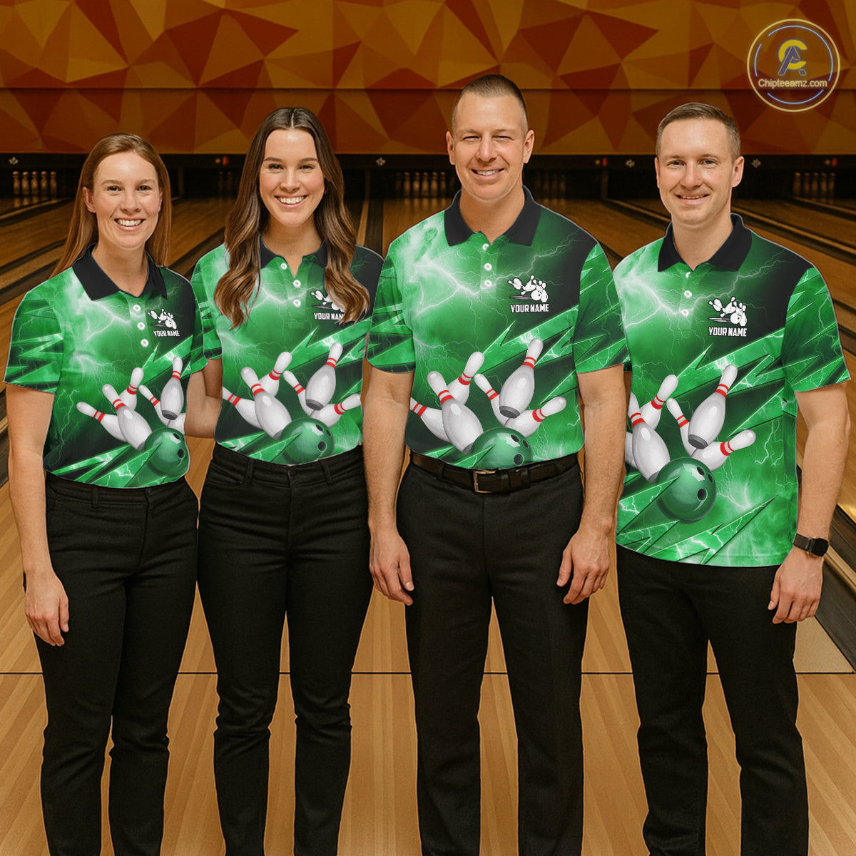 Green Storm Lightning Thunder Bowling Polo, Quarter Zip Shirt For Men Custom Bowling Team Jersey NQS11719
