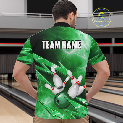 Green Storm Lightning Thunder Bowling Polo, Quarter Zip Shirt For Men Custom Bowling Team Jersey NQS11719