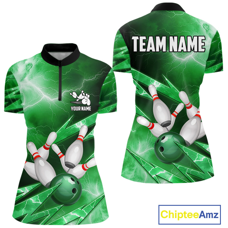 Green Storm Lightning Thunder Bowling Polo, Quarter Zip Shirt For Women Custom Bowling Team Jersey NQS11719