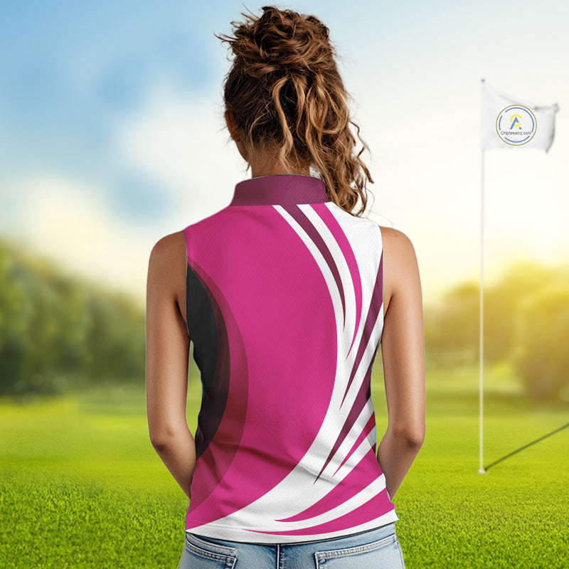 Women sleeveless polo shirt custom name pink and white golf shirt, team golf shirts ladies NQS9846