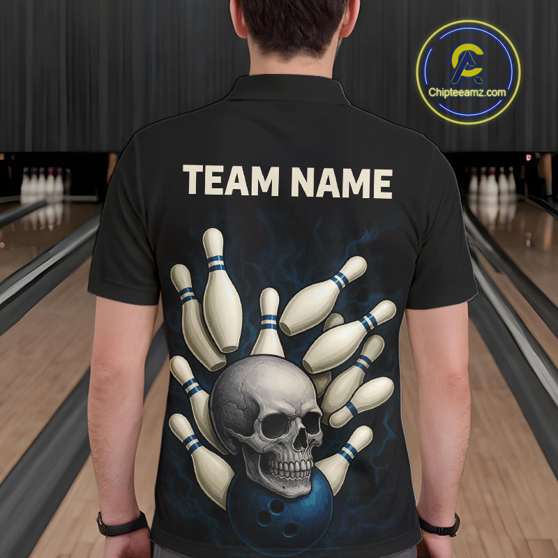 Black and Blue Skull Bowling Ball and Pins Bowling Shirts For Men Custom skull team bowling jerseys NQS9850