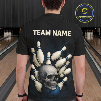 Black and Blue Skull Bowling Ball and Pins Bowling Shirts For Men Custom skull team bowling jerseys NQS9850