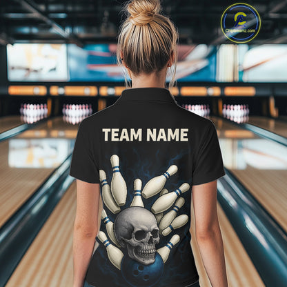 Black and Blue Skull Bowling Ball and Pins Bowling Shirts For Women Custom skull team bowling jerseys NQS9850