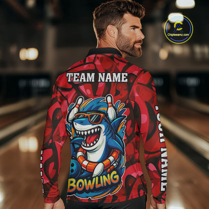 Funny Red Camo Shark Men Bowling Polo, Quarter Zip Shirts Custom Team Shark Bowling Outfit Jersey NQS10076