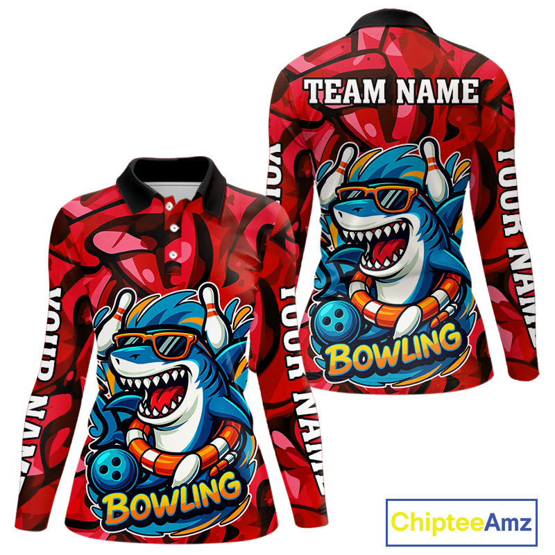 Funny Red Camo Shark Women Bowling Polo, Quarter Zip Shirts Custom Team Shark Bowling Outfit Jersey NQS10076