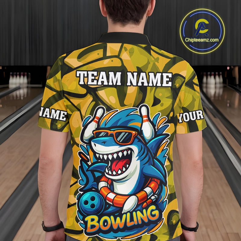 Funny Yellow Camo Shark Men Bowling Polo, Quarter Zip Shirts Custom Team Shark Bowling Outfit Jersey NQS10077