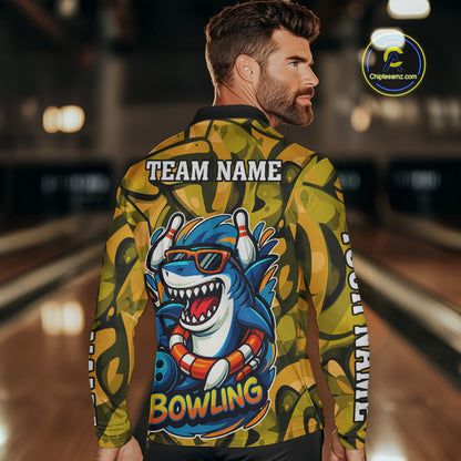Funny Yellow Camo Shark Men Bowling Polo, Quarter Zip Shirts Custom Team Shark Bowling Outfit Jersey NQS10077