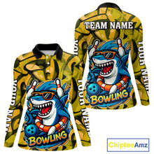 Load image into Gallery viewer, Funny Yellow Camo Shark Women Bowling Polo, Quarter Zip Shirt Custom Team Shark Bowling Outfit Jersey NQS10077