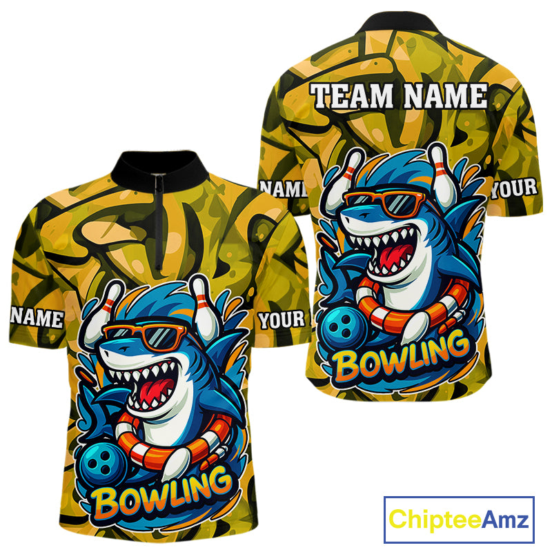 Funny Yellow Camo Shark Men Bowling Polo, Quarter Zip Shirts Custom Team Shark Bowling Outfit Jersey NQS10077