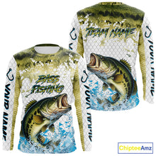Load image into Gallery viewer, Largemouth bass fishing green scales UV protection custom hooded sun shirt, Bass fishing jerseys NQS10229