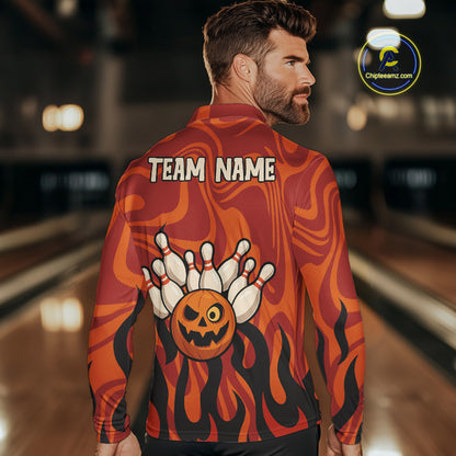 Orange camo flame Bowling polo, quarter zip shirts for men custom Halloween Bowling team jerseys NQS10395