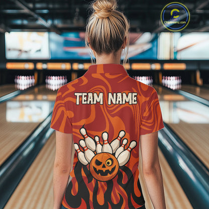 Orange camo flame Bowling polo, quarter zip shirts for Women custom Halloween Bowling team jerseys NQS10395