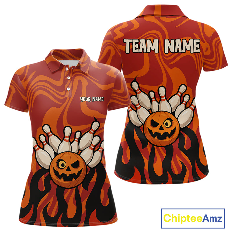 Orange camo flame Bowling polo, quarter zip shirts for Women custom Halloween Bowling team jerseys NQS10395