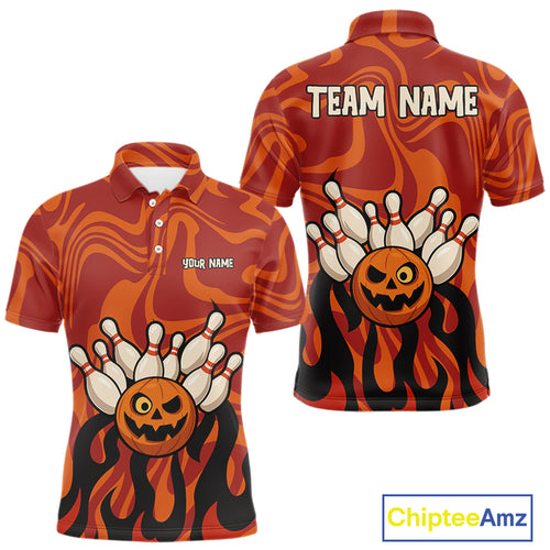 Orange camo flame Bowling polo, quarter zip shirts for men custom Halloween Bowling team jerseys NQS10395