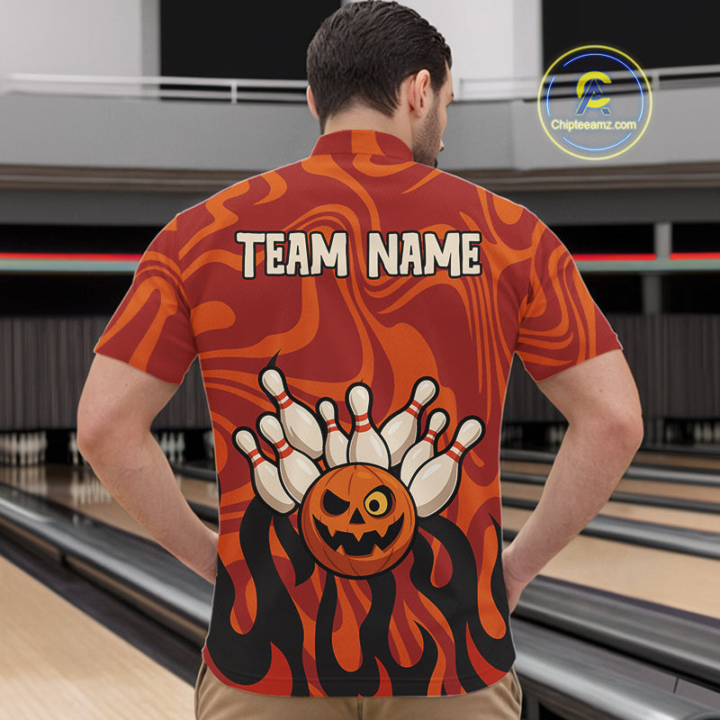 Orange camo flame Bowling polo, quarter zip shirts for men custom Halloween Bowling team jerseys NQS10395