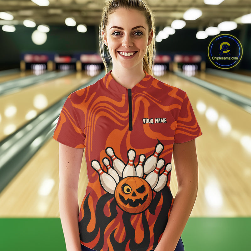 Orange camo flame Bowling polo, quarter zip shirts for Women custom Halloween Bowling team jerseys NQS10395