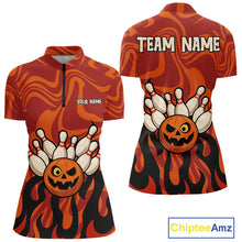 Load image into Gallery viewer, Orange camo flame Bowling polo, quarter zip shirts for Women custom Halloween Bowling team jerseys NQS10395