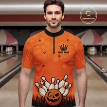 Load image into Gallery viewer, Custom Funny orange Bowling Team Shirt Halloween Polo &amp; Quarter-Zip Bowling Jersey for Men NQS10396