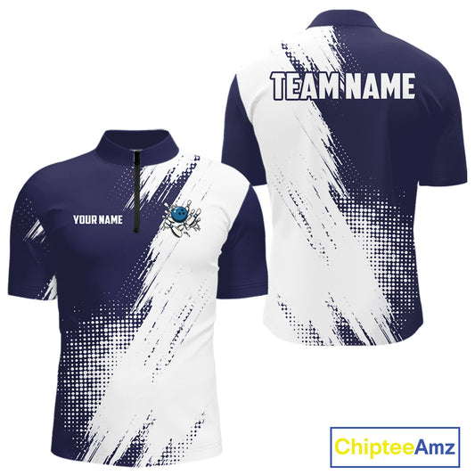Custom Blue and White Strike Bowling Shirts Men Polo, Quarter Zip Bowling Team Jerseys Bowling League NQS10826
