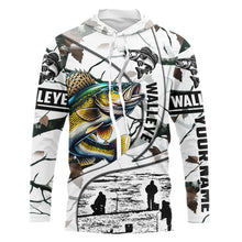 Load image into Gallery viewer, Ice fishing walleye winter camo ice fishing clothing Custom name  fishing shirt, gift for fisherman NQS2590