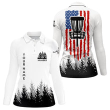 Load image into Gallery viewer, Black and White American flag Women disc golf polo shirt custom patriotic disc golf basket team outfit NQS9127