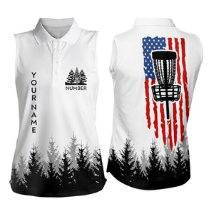 Black and White American flag Women sleeveless disc golf polo shirt custom patriotic disc golf outfit NQS9127