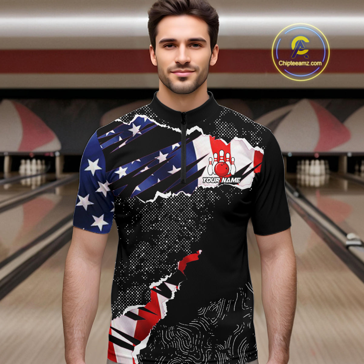 Custom bowling polo shirts, 1/4 zip shirts for men, US Flag patriotic team bowling league shirts NQS11409