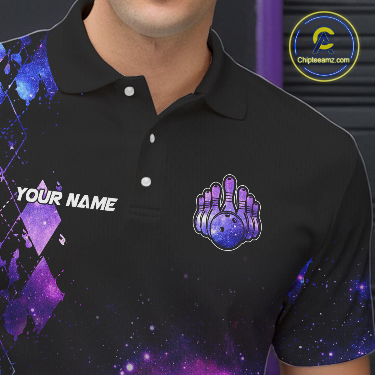 Purple Flame galaxy argyle Custom bowling polo shirts, 1/4 zip for men, team bowling league jerseys NQS11410