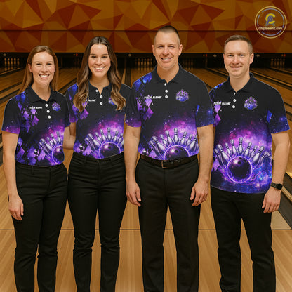 Purple Flame galaxy argyle Custom bowling polo shirts, 1/4 zip for women, team bowling league jerseys NQS11410