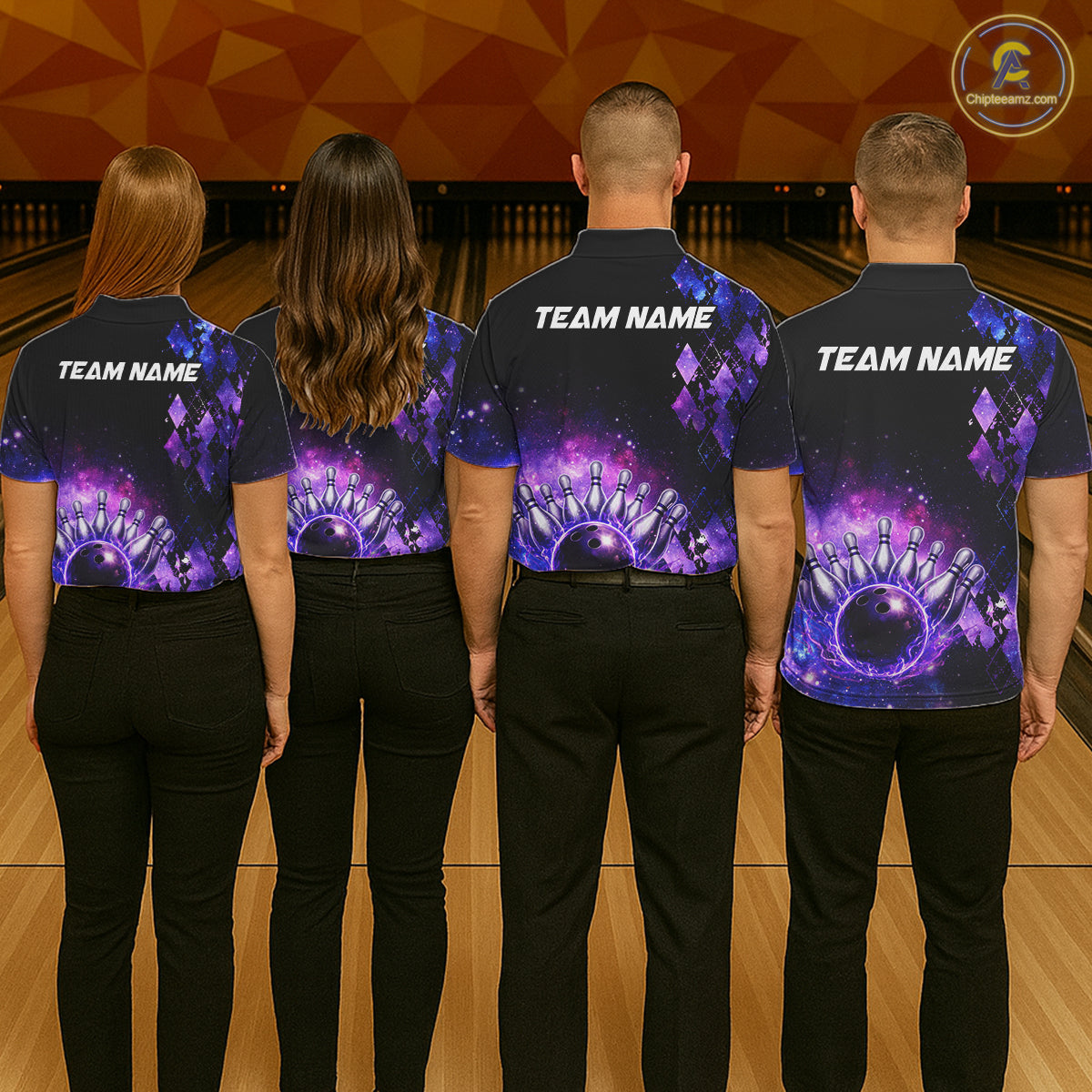 Purple Flame galaxy argyle Custom bowling polo shirts, 1/4 zip for women, team bowling league jerseys NQS11410