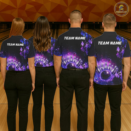Purple Flame galaxy argyle Custom bowling polo shirts, 1/4 zip for women, team bowling league jerseys NQS11410