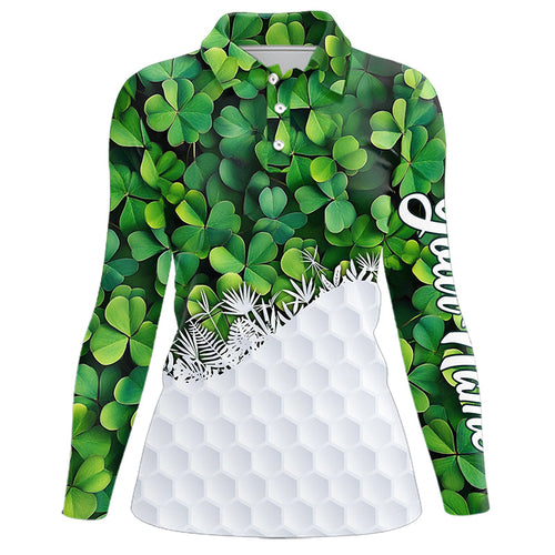 Womens golf polo shirts custom Green clover golf pattern white St Patrick Day golf attire for ladies NQS9473