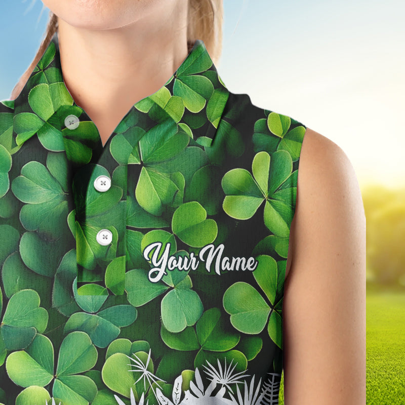 Women sleeveless polo shirt custom Green clover golf pattern St Patrick Day golf attire for ladies NQS9473