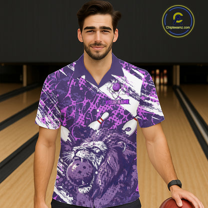 Purple Camo Lion Bowling Hawaiian Shirt Custom Lion Team Bowling Jerseys, Bowler Outfit NQS11604