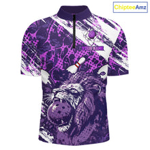 Load image into Gallery viewer, Purple Camo Lion Bowling Polo, 1/4 Zip Shirts for Men Custom Lion Team Bowling Jerseys, Bowler Outfit NQS11604