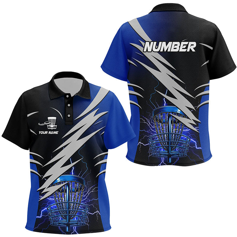Kid disc golf polo shirts custom blue lightning thunder disc golf basket disc golf attire NQS8006