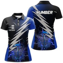 Load image into Gallery viewer, Womens disc golf polo shirts custom blue lightning thunder disc golf basket disc golf attire NQS8006