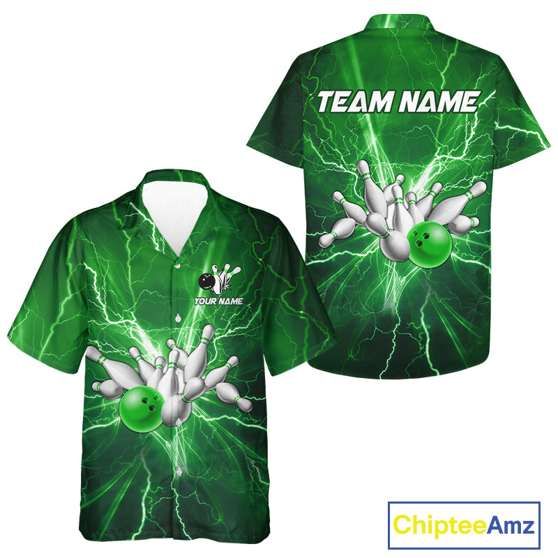 Bowling Hawaiian Shirt Custom Green Lightning Thunder Bowling Team Jersey, gift for team Bowlers NQS10602