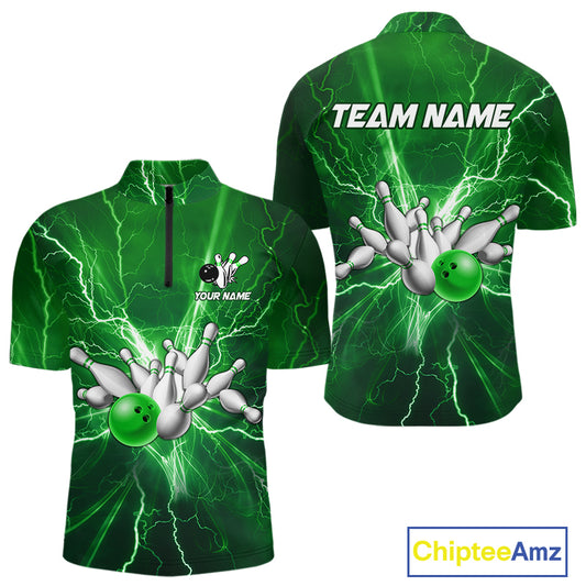 Men's Bowling Shirts Custom Green Lightning Thunder Bowling Team Jersey, gift for team Bowlers NQS10602